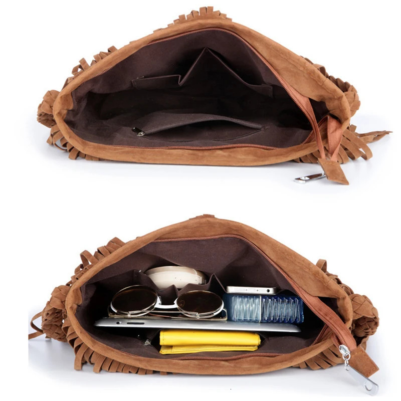 Womens Fringed Leather Shoulder Bag With Adjustable Knitting Strap Soft Ethnic Style PU Messenger Bag Solid Color 251110