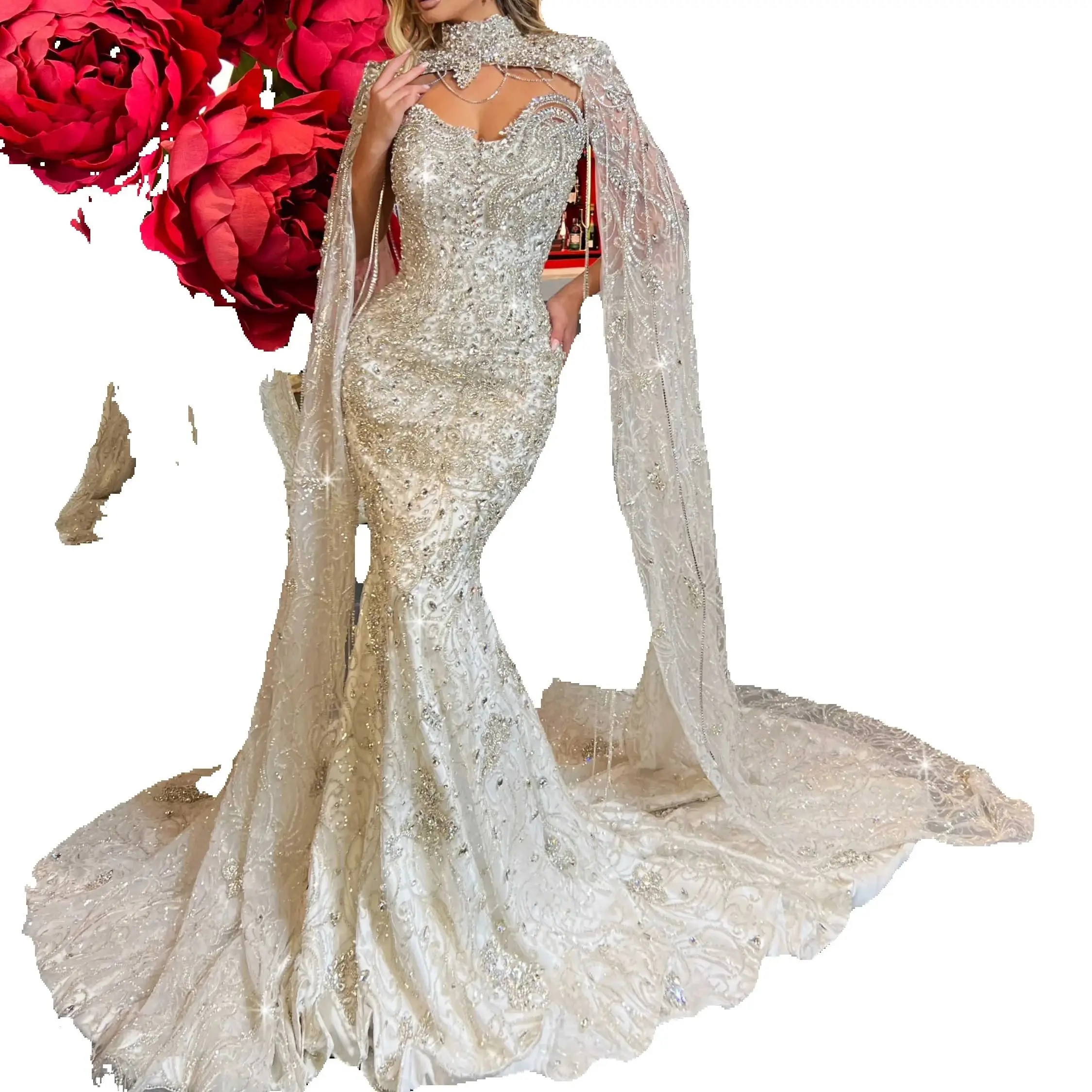 Sexy High Neck Mermaid Wedding Dress Modern Crystal Beaded Bride Dresses Tassels Floor Length Customized Bridal Gown