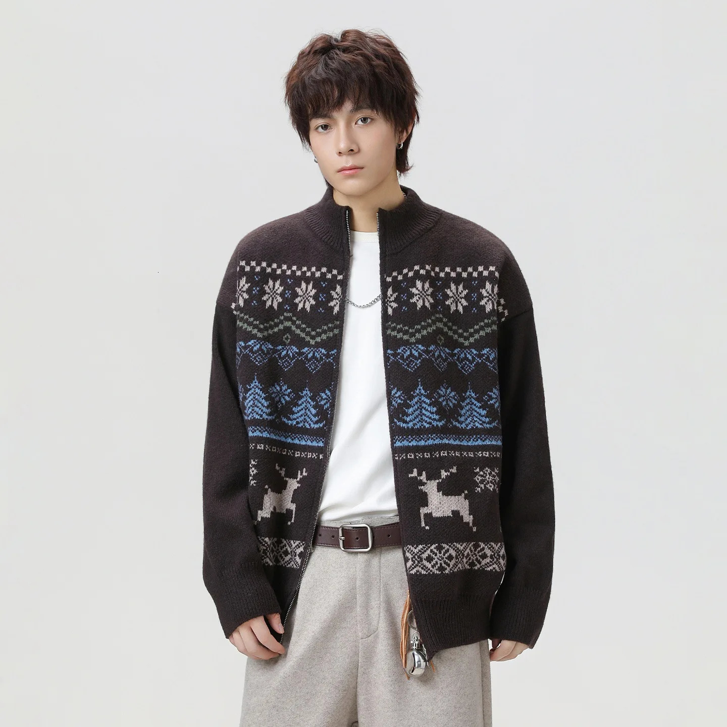 Fair Isle Zip Cardigan Mens Textured Jacquard Knit Sweater Retro Stand Collar Pullover Unisex Christmas Gift For Autumn Winter 251030