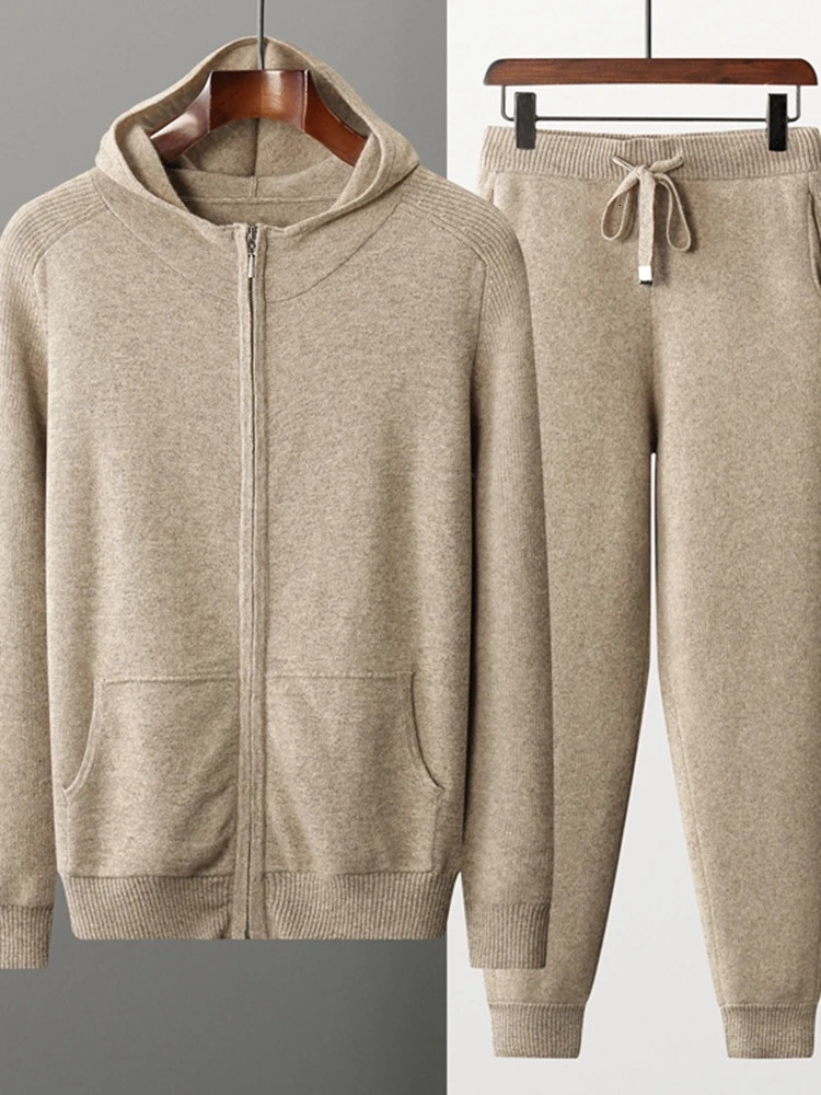 MEETCC Mens 100 Cashmere Cardigan Suit Zipper Sweater Hoodie Pants Autumn Winter Thick Warm Clothing Jacket 251030