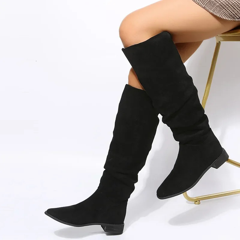 Pleated Boots Women Black Nude Faux Suede Flock Knee High Boot Ladies Flat Autumn Winter Dress Shoe 43 Solid Slip on Botas 251110