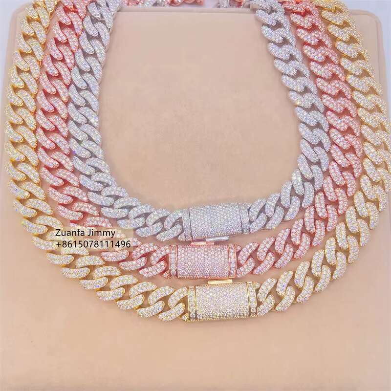 Luxury Custom Iced Out Buss Down Two Row Fully Iced Out 13mm VVS1 Moissanite Diamond Miami Cuban Link Chain