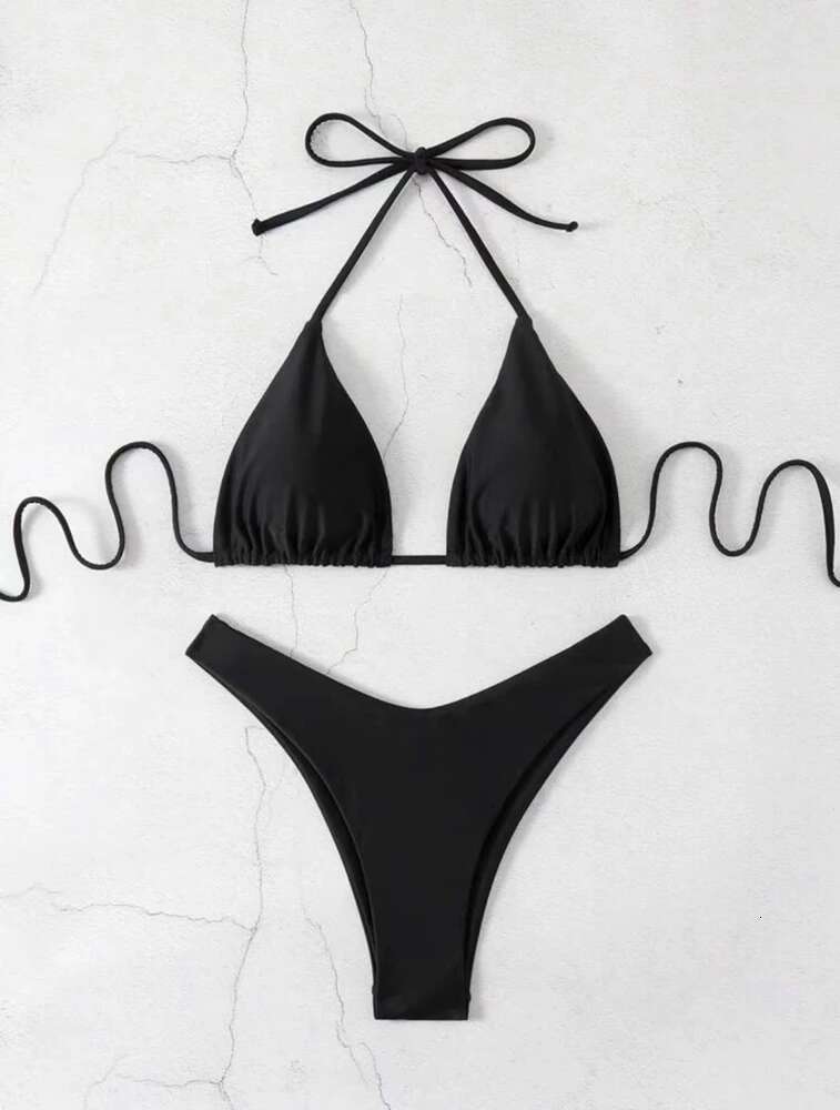 2025 New Set Women Sexy Simple Solid White/Black/Coffee Halter Bikini Swimsuit Lace Up Brazilian Beach Bathing Suit