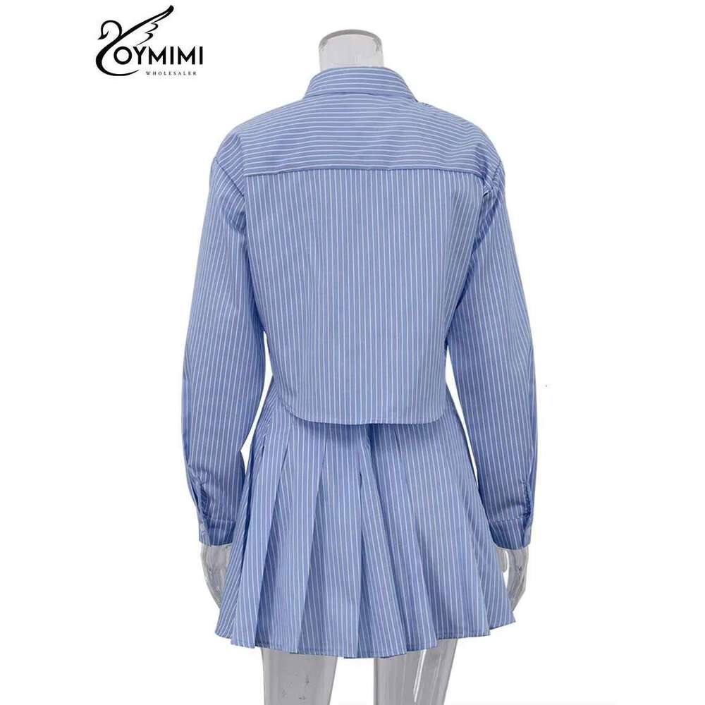Oymimi Elegant Blue Striped Print Sets For Women 2 Pieces Fashion Long Sleeve Button Crop Tops And High Waist Pleated Skirts Set