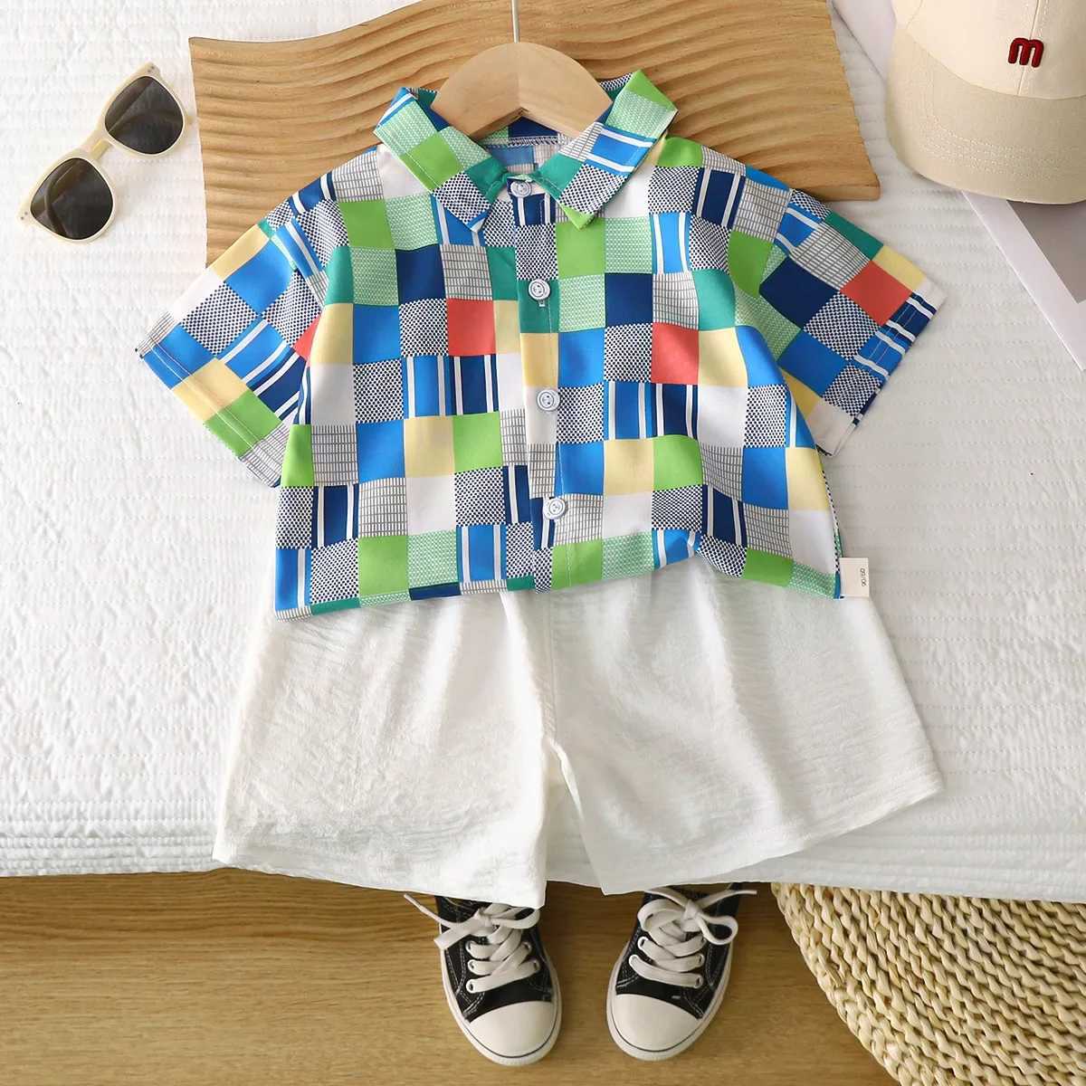 Childrens clothing set with collar and short sleeved shirt+2-piece short sleeved boys clothing set childrens clothing setXJ250410