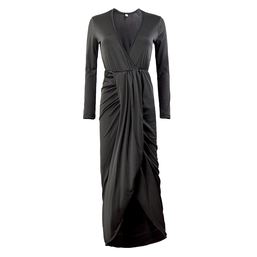 Autumn and Winter New V-neck Long Sleeve Cotton Sexy Fashion Pleated Nightclub Dress High Quality Edition
