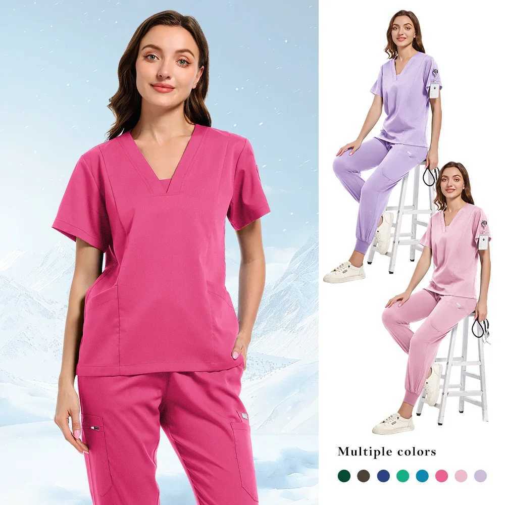 Medical Scrub Set Beauty Hospital Surgical Uniforms Women Scrub Tops Pants Nurses Accessories Dental Clinic Pet Workwear Clothes X250528