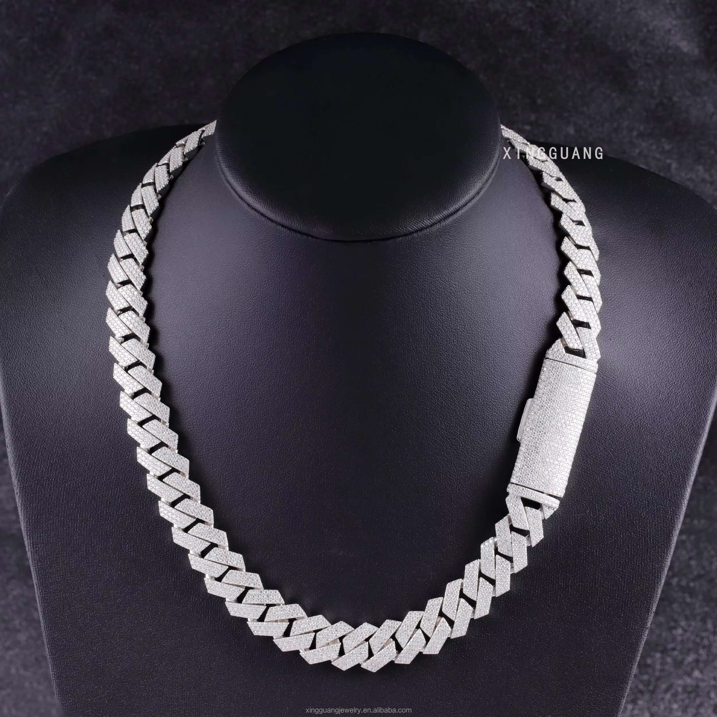 Hip Hop Jewelry Cuban Link Chain Necklace 3rows 15mm 925 Sterling Silver VVS Moissanite Iced Out Diamond Cuban Chain for Men