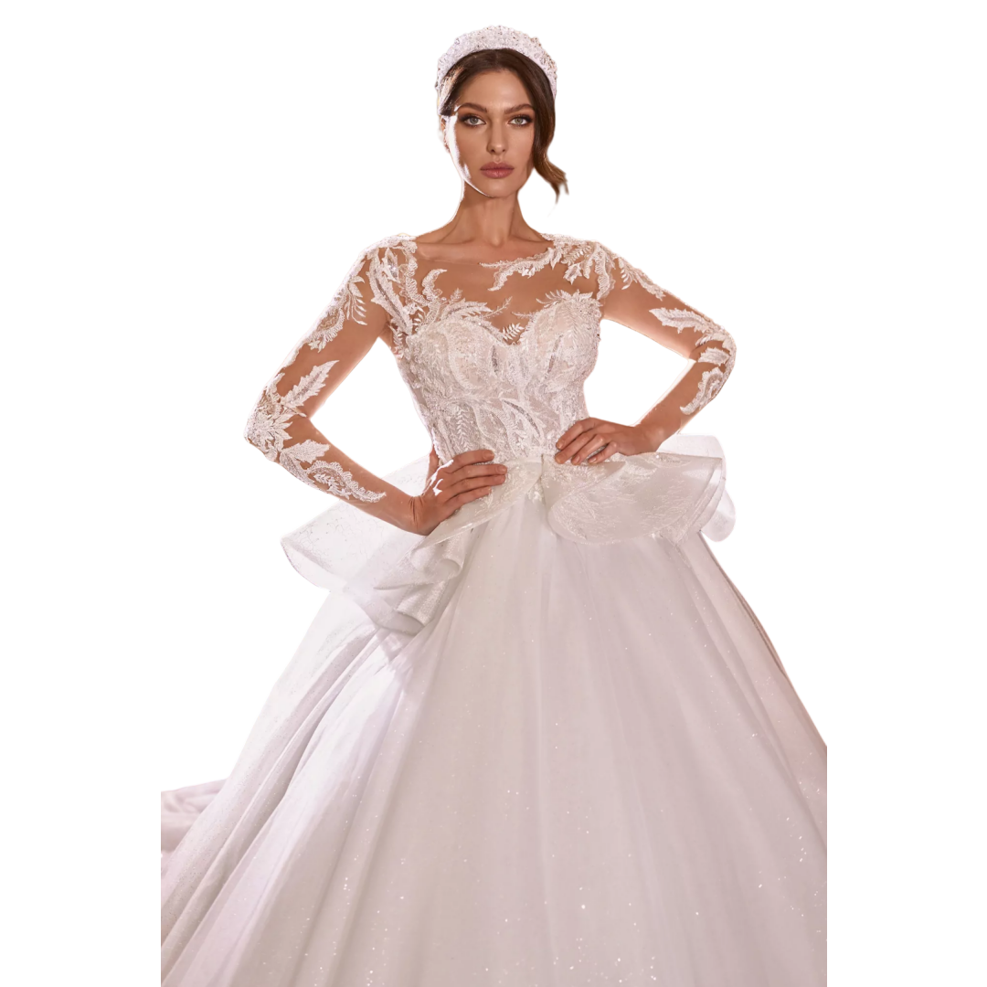 Elegant Ball Gown Lace Wedding Dresses Sexy Bridal Gowns Long-Sleeves Appliques Lace Royal Tail vestidos de fiesta Customized Plus Size H25496