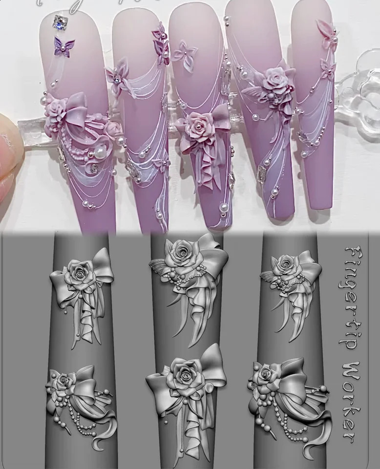 1Pc Silk Lace Rose Baroque Spoon Fork Clock Gear 3D Acrylic Mold Nail Art Decorations DIY Silicone Nail Templates Nail Mold 250410