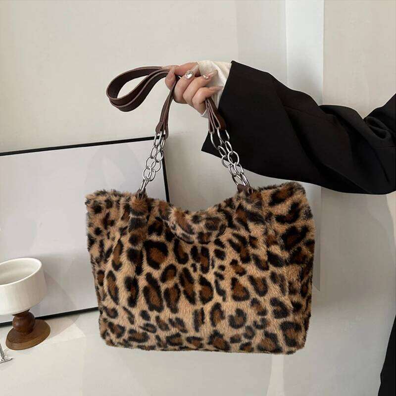 National Style Simple Women Leopard Tote Lady Luxury Fluffy Shoulder Chain Large Capacity Commuter Handle Bag
