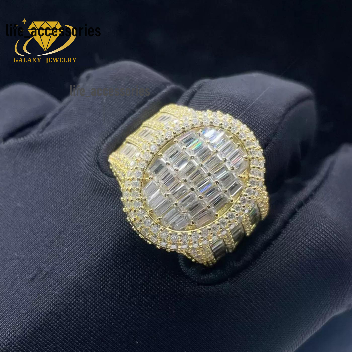 GRA Certificate S925 Gold Plated Moissanite Engagement Ring for Men Oval Shape Baguette VVS Diamond Moissanite Hip Hop Ring