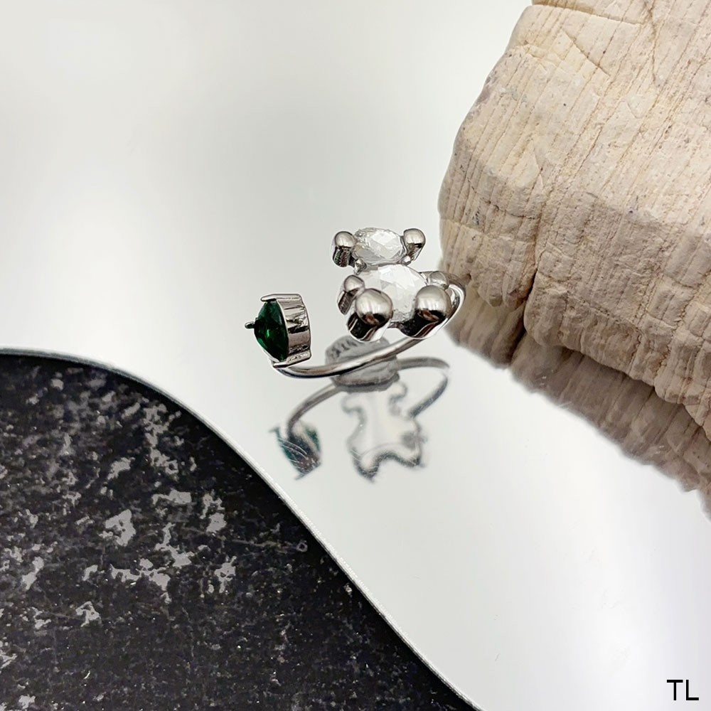 Fashion Women Men Punk Bear Open Rings Simple Stainless Steel Silver Gold Black White Cartoon Glass Animal Jewelry