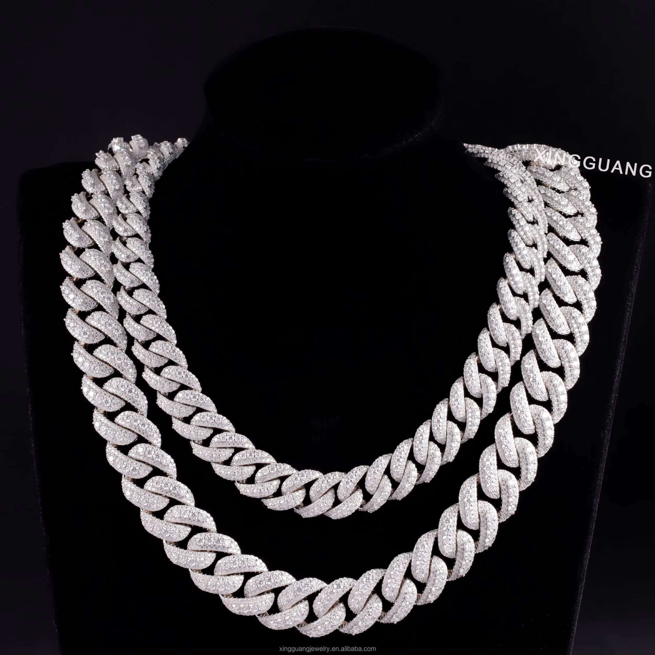 Handmade Jewelry 14mm 18mm 3row Hip Hop Necklace Cuban Chain 925 Sterling Silver with Round Brilliant Cut Moissanite Cuban Chain