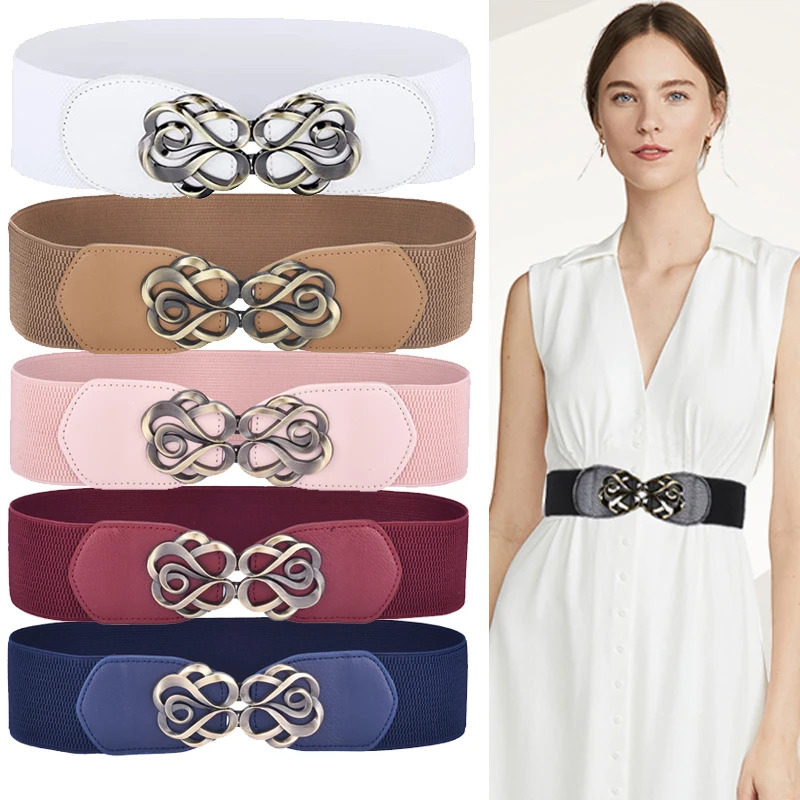 Women Vintage Leather Belt for Dress Elastic Stretched Band Brass Retro Buckle Lady Belt 251110