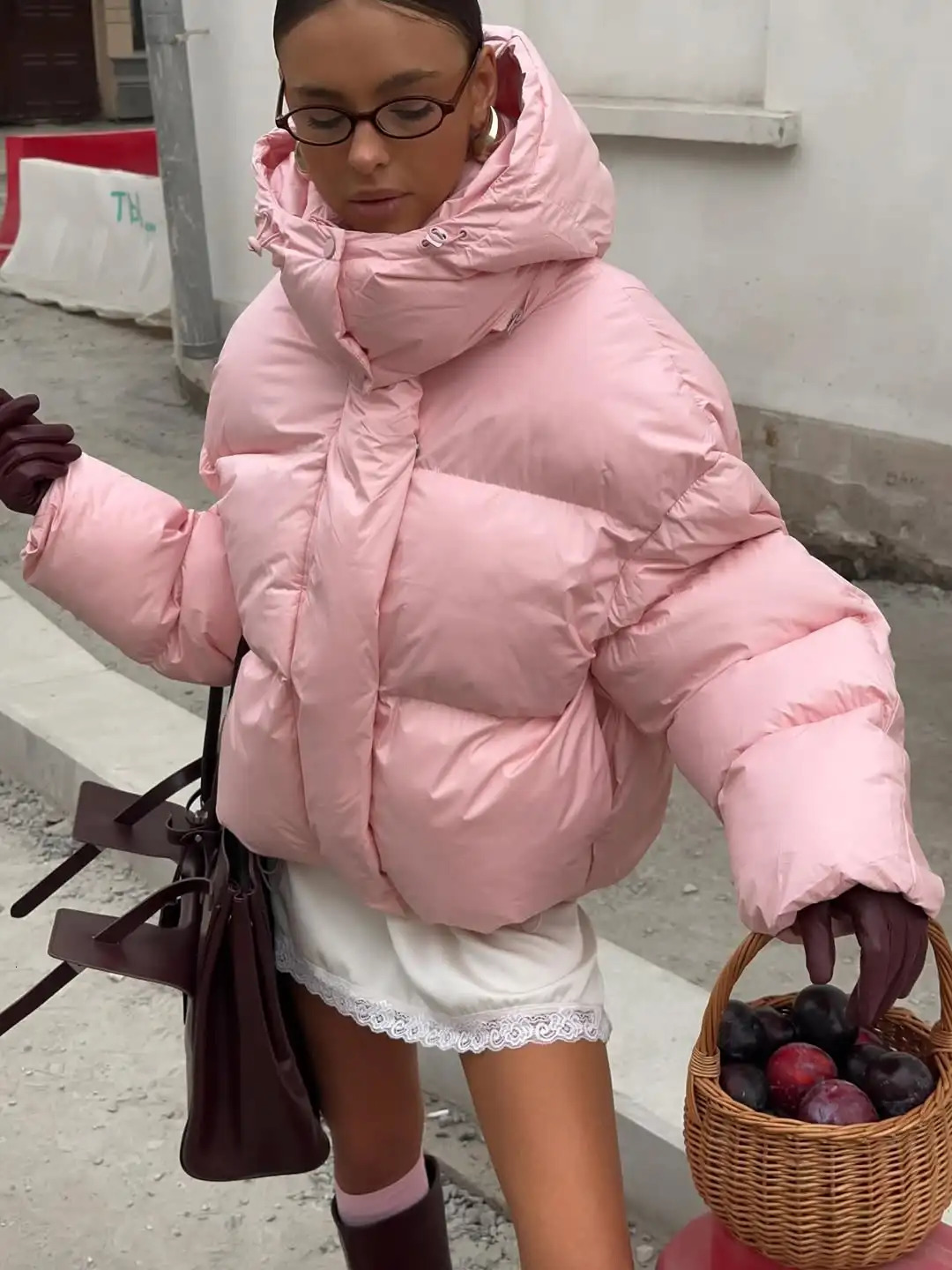 Casual Pink Hooded Cotton Jacket Women Fashion Solid Zip-up Loose Warm Outwear Lady Winter 2025 Daily Commute Street Jackets 251105