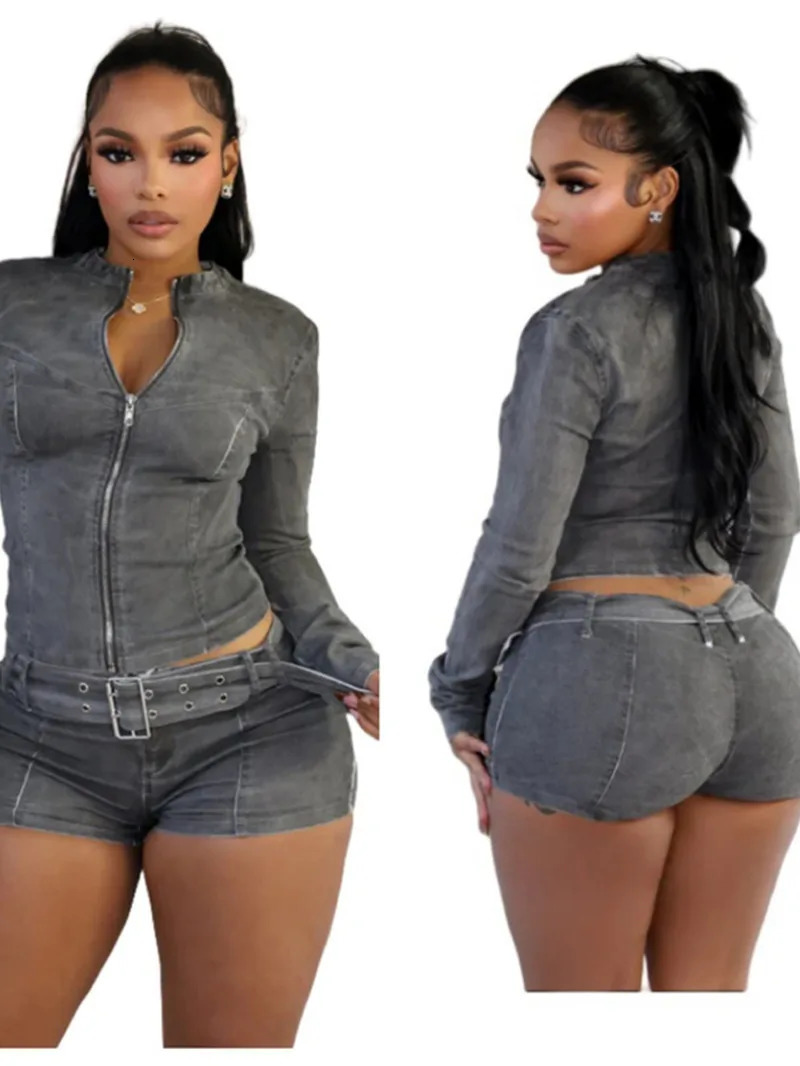 Sexy Denim Womens 2 Two Piece Set Stretchy Long Sleeve Zip Up Slim Jackets And Shorts Suits Y2k Belt Jean Outfit Sets VX9Z 251110