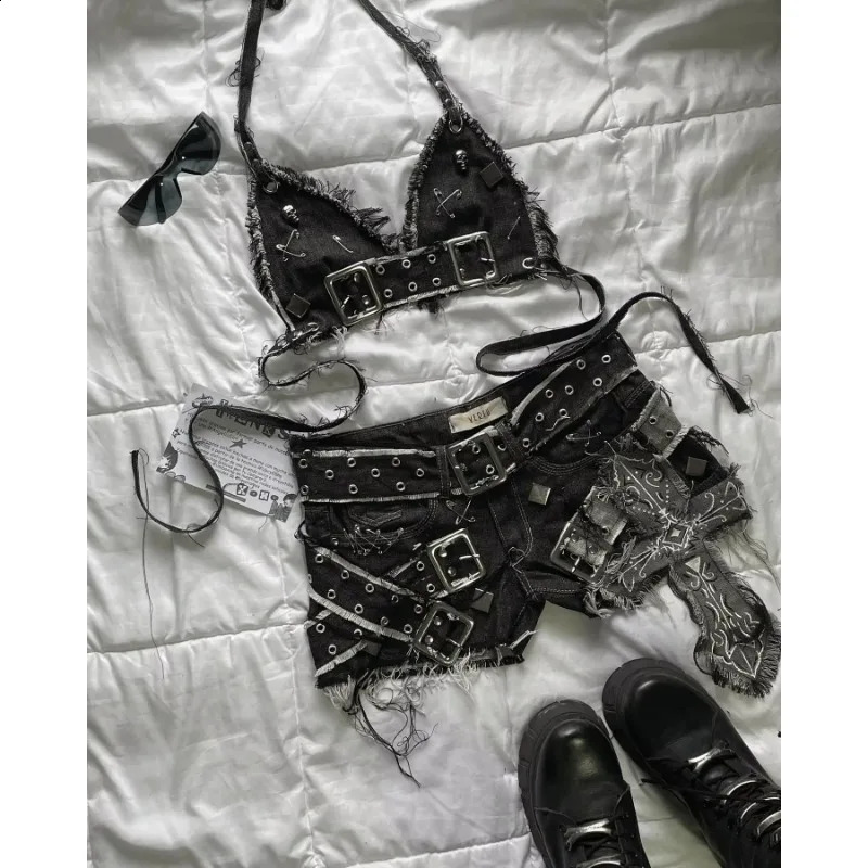 Harajuku sexy girl ceiling mini denim skirt for women high quality embroidery American vintage Y2K two-piece set 250411