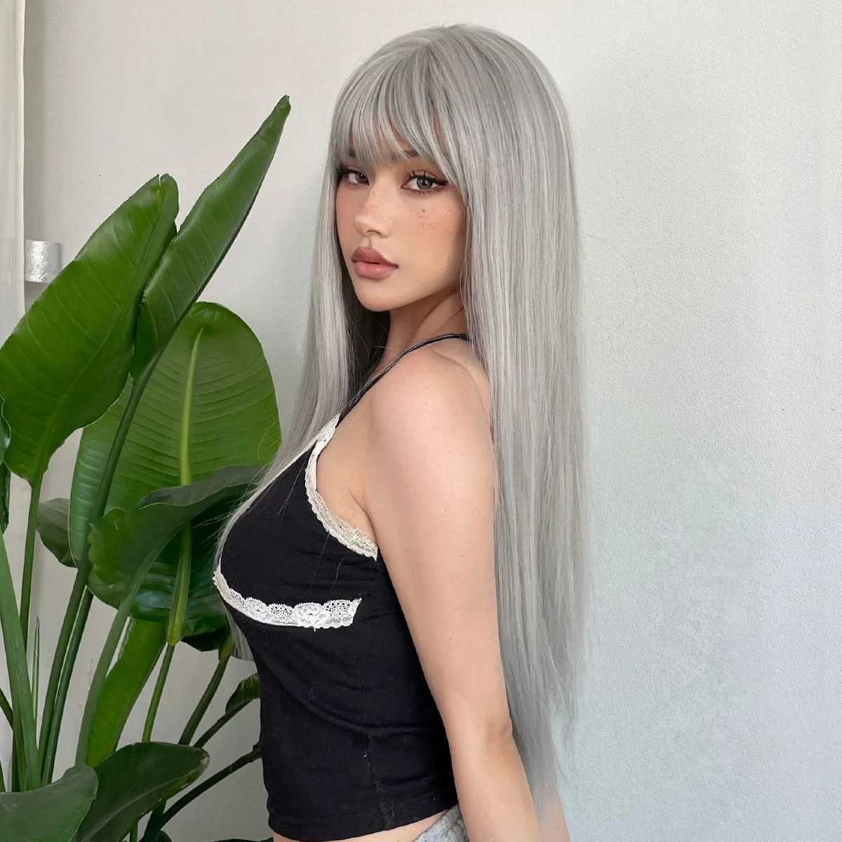 Long Straight Synthetic Wig Granny Gray Center Part Natural Bangs High Temperature Silk Wig For White Women Cosplay DailyT251111