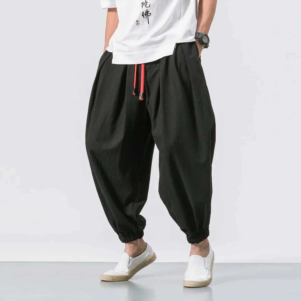 Mens loose harem pants Chinese linen overweight sports pants high-quality casual brand oversized mens styleXJ250410