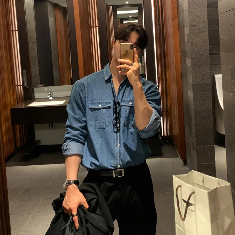 Autumn mens lightweight retro denim casual shirt long sleeved button down premium solid color business pocket 250411e
