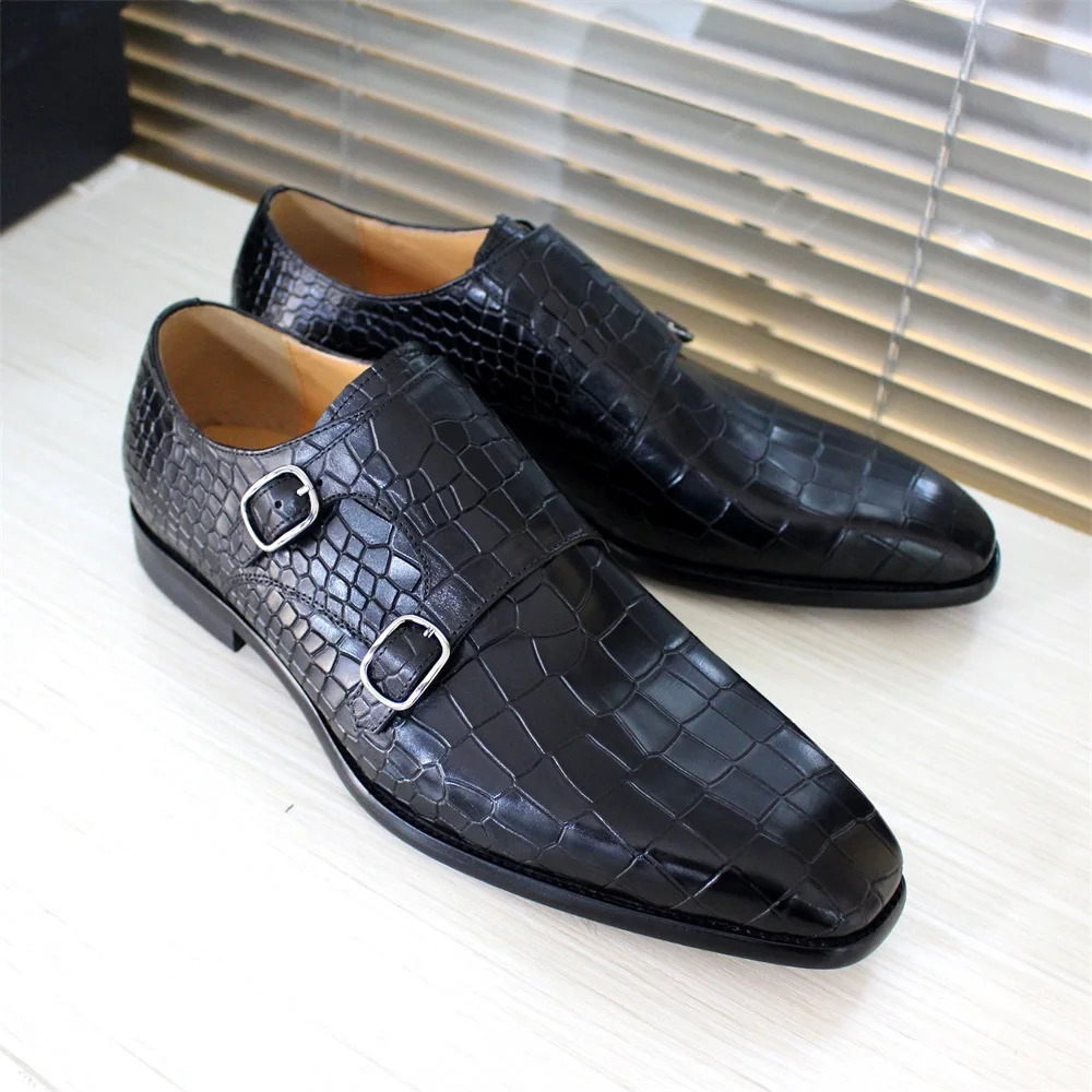 Mens Classic Elegant Black Leather Monk Shoes with Buckle Pattern for Office Wedding and Party Dress 251106