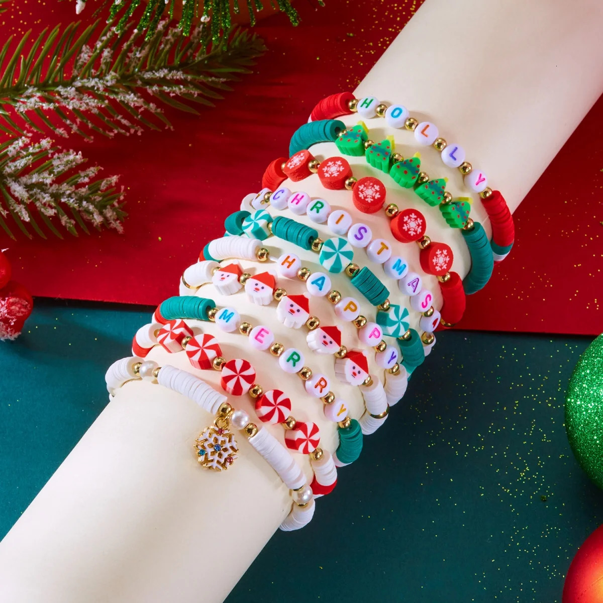 10PcsSet Multilayer Christmas Bracelet Snowman Tree Gift Box Snowflake Santa Claus Soft Clay Beads Bangle For Women Men Jewelry 251103