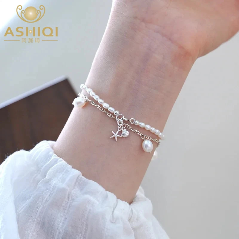 ASHIQI 925 sterling silver natural freshwater pearl shell bracelet party jewelry 250409