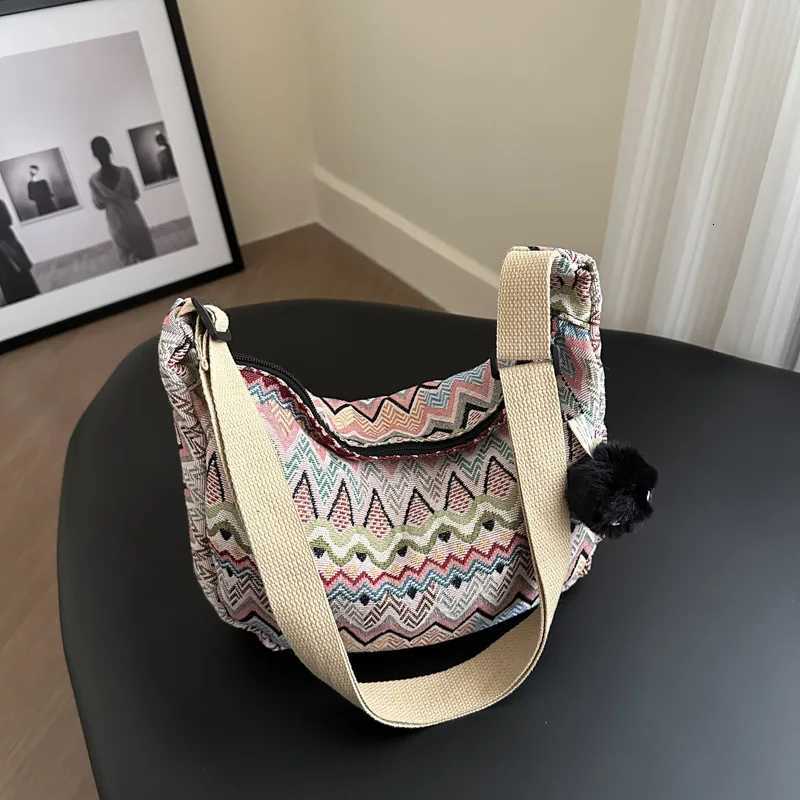 Ethnic style canvas crossbody bag womens large capacity shoulder bag all college students commuting dumpling bagT251110