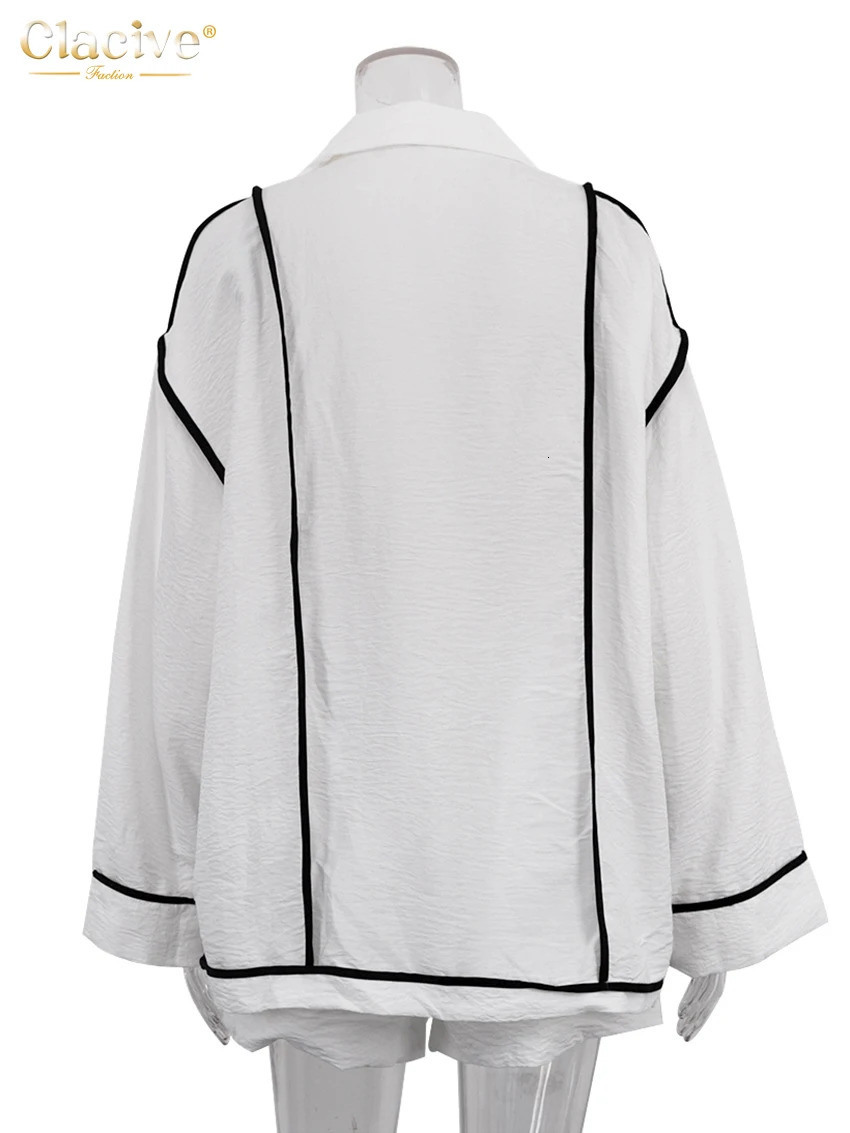 Clacive Fashion Loose White 2 Piece Sets Women Outfit Casual Long Sleeve Shirt With High Waist Shorts Set Female Streetwear 251105