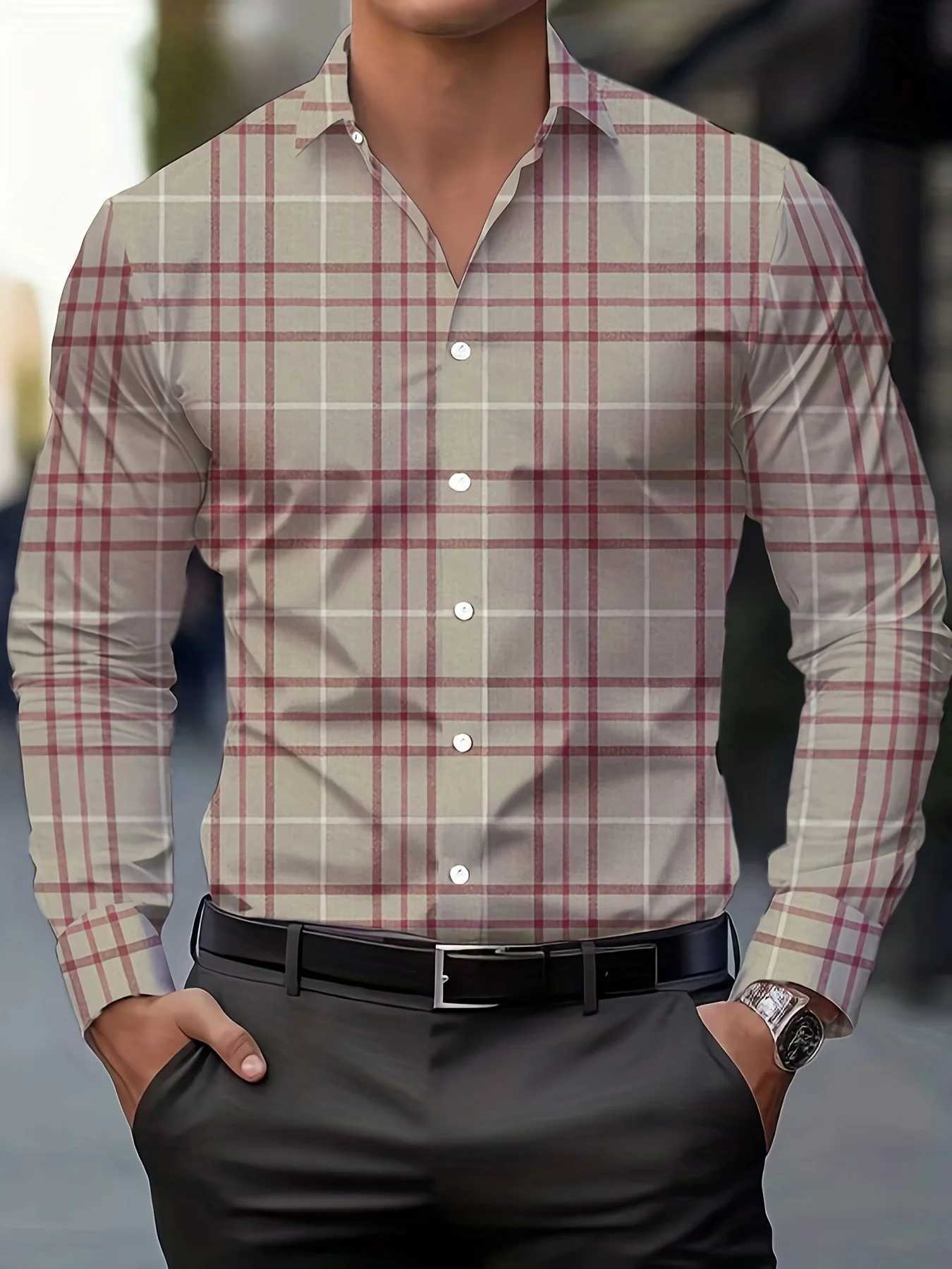 Mens Casual Plaid Long Sleeve Shirt Stripe tops Breathable Button-Up lapel collar Business shirt Mens Clothing For Fall K251110
