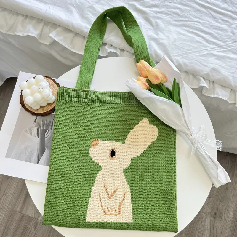 Knitted Bag Looking Up Rabbit for Women Large Capacity Green Cartoon Handbag Shoulder Tote Shopping 251110