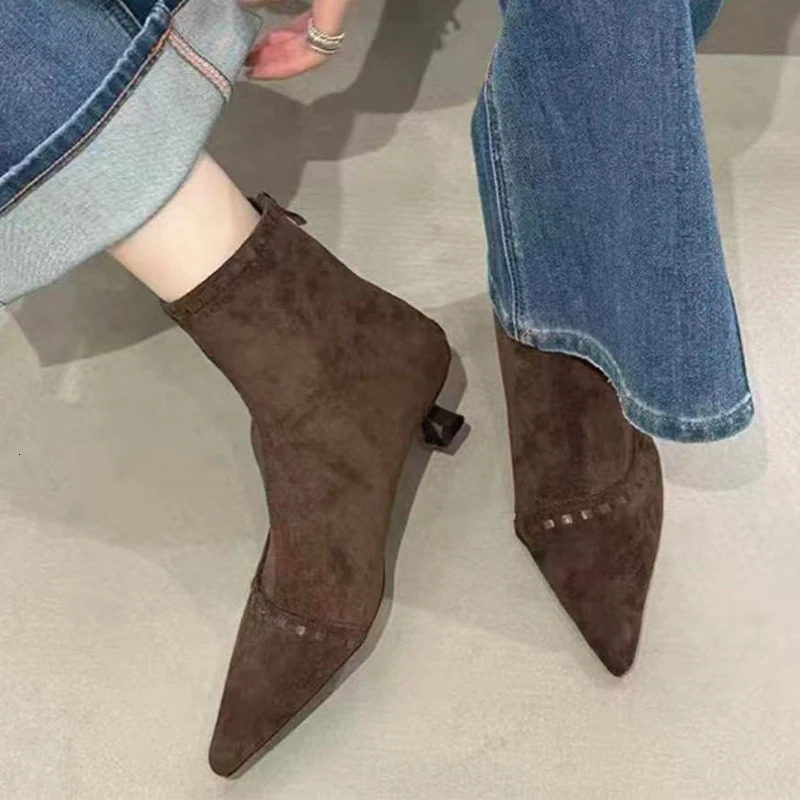 Pointed Toe Womens Ankle Boots Suede Mid Heels Shoes Fashion Dress Winter Boots er Short Botas De Mujer 251110