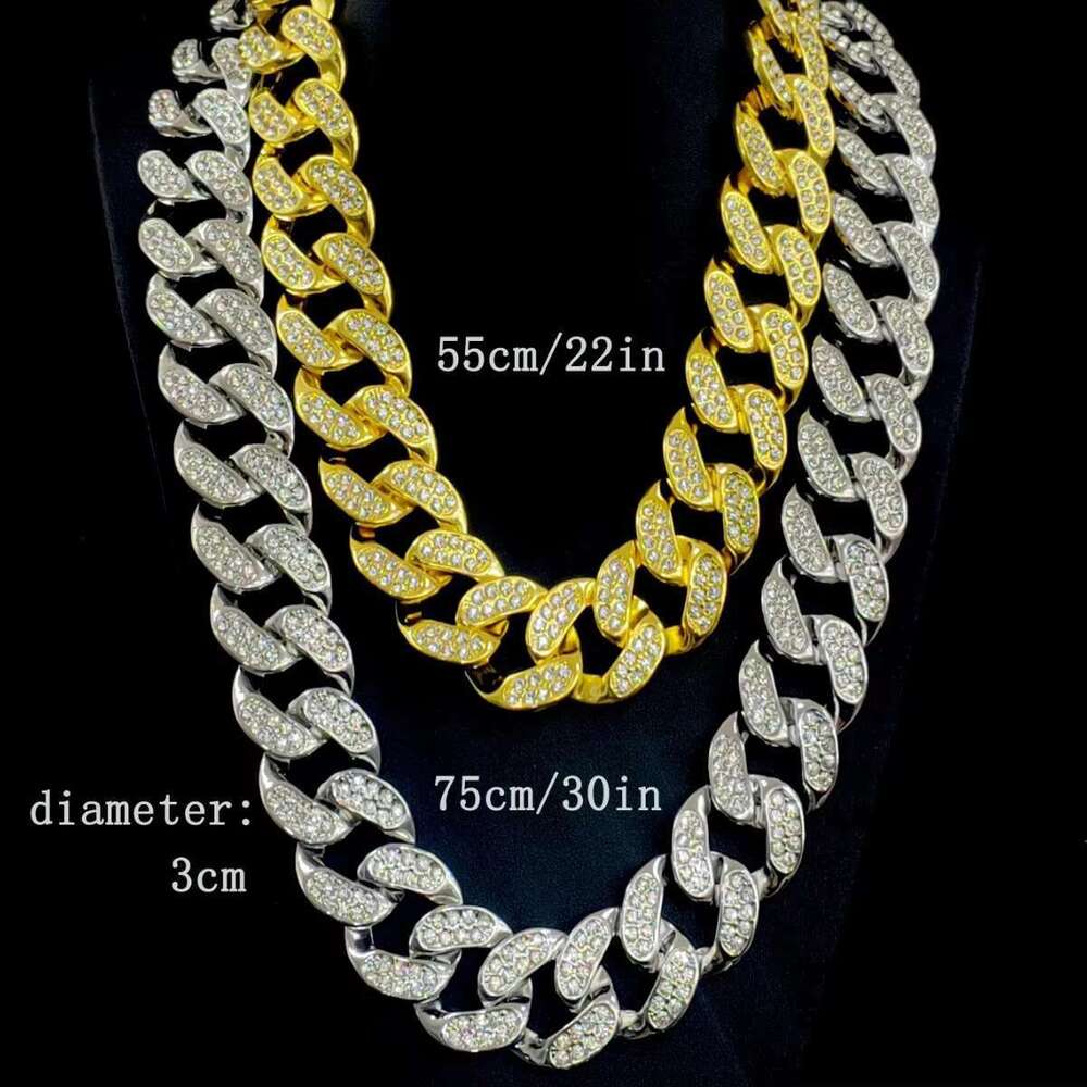 DHCollections Stock Hot Sell Sier Gold Metal Color Iced Out Rhie and Alloy Hip Hop 30mm Width Cuban k Chain Men's Chunky Necklace