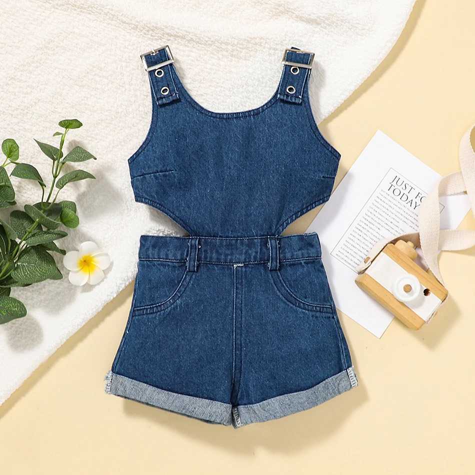Childrens clothing girls summer jumpsuit childrens fashionable and comfortable sleeveless denim jumpsuit childrens shorts set newXJ250410
