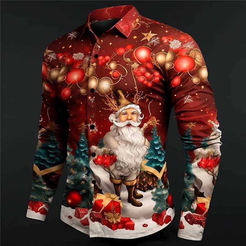 2024 Fashion Christmas Themed 3D Printed Mens Casual Long Sleeve Shirt Street Wear Party Size Shirt Santa Claus Hot Sale K251110