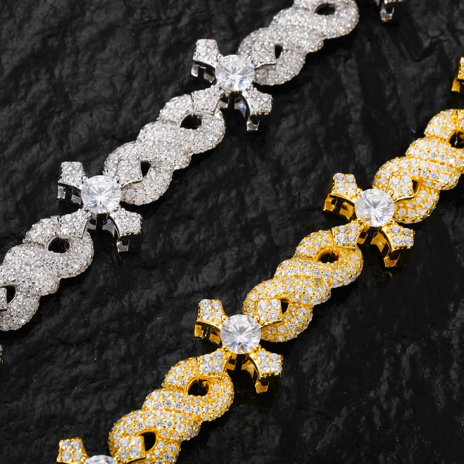 Hip Hop Jewelry 12mm White Gold 925 Sterling Silver VVS Moissanite Diamond Iced Out Infinity Cross Link Bracelet