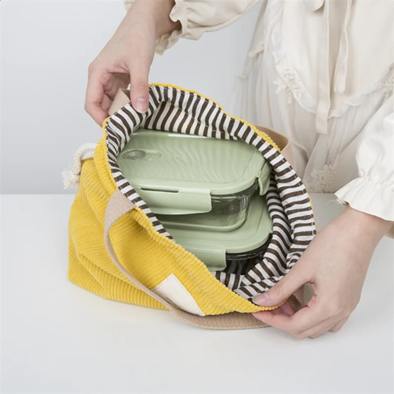 Lunch bag Corduroy canvas lunch box drawstring picnic handbag eco-friendly cotton canvas mini handbag dinner container food storage bag 250410