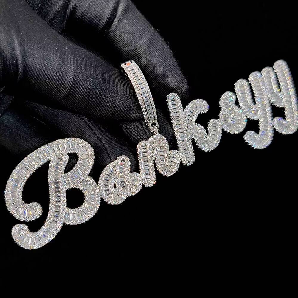 Personalized Custom Baguette Initial Letter Pendant Bling Moissanite White Gold Capital Alphabet Name Necklace