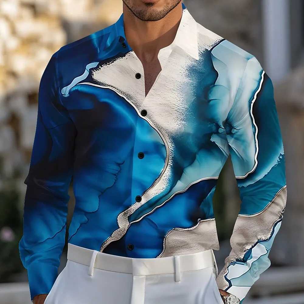 Mens Gradient Waves Marble Shirt Satin Shirt Dress Shirt Long Sleeve Fashion Casual Turndown 3D Print Button Up Shirts K251110