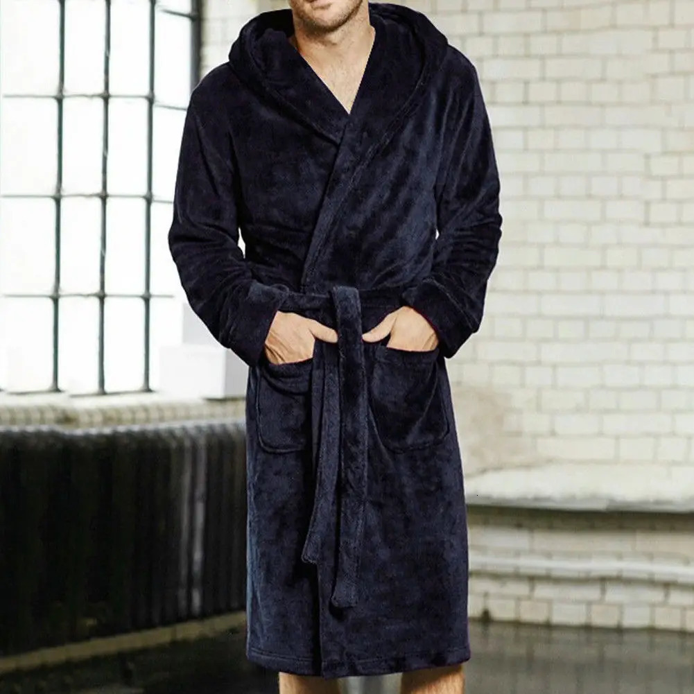 Casaul Mens Plush Shawl BathRobes with Sashes Men Soft Long Sleeve 2 Side Pockets Cloak Winter Solid Warm Dressing Gown MXXL 251111