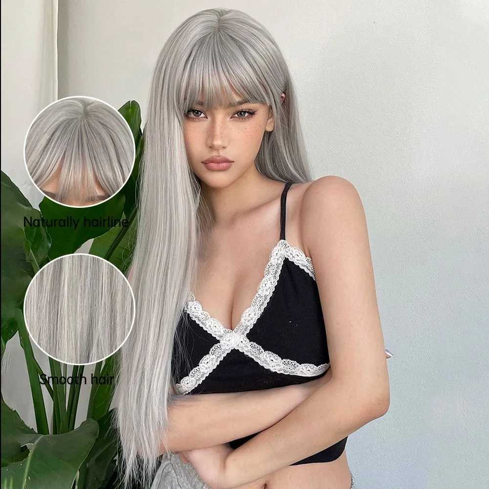 Long Straight Synthetic Wig Granny Gray Center Part Natural Bangs High Temperature Silk Wig For White Women Cosplay DailyT251111