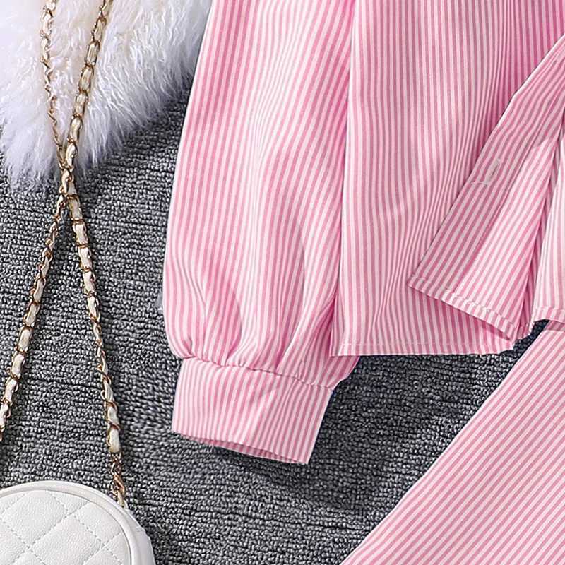 Childrens clothing set suitable for girls aged 4-12 pink striped long sleeved lapel cardigan cardigan and pants daily waist comfort setXJ250410