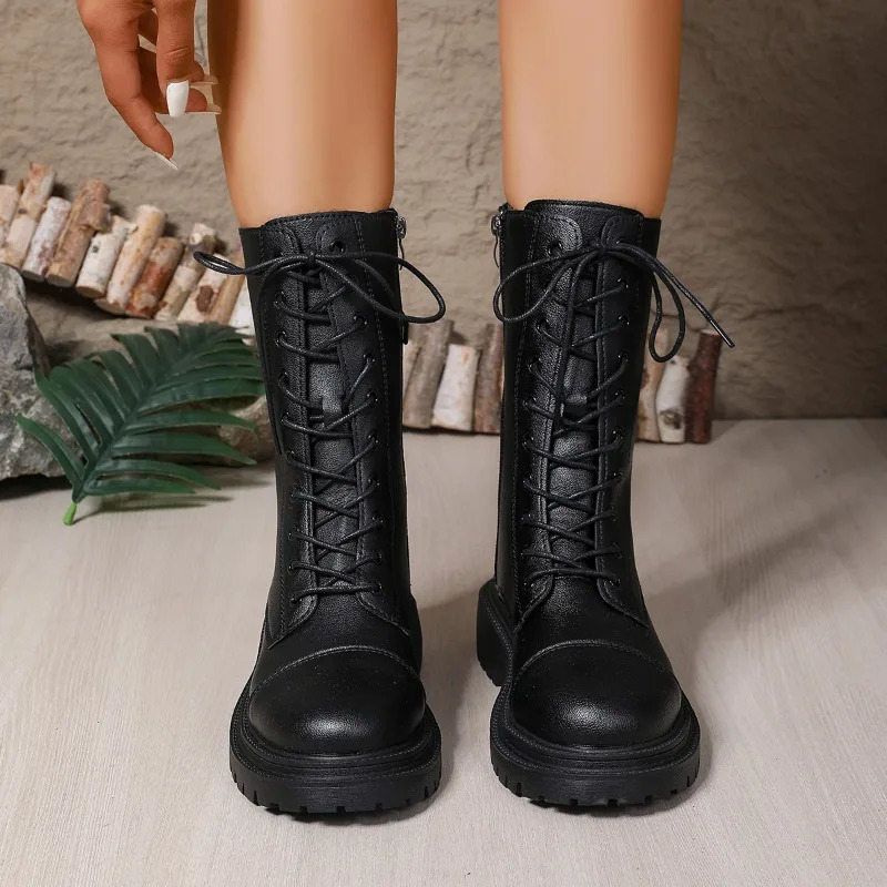 Womens Shoes Fashion Mid-Calf Womens Boots Side Zipper Casual Plus Size Lace-up Shoes for Women 251110