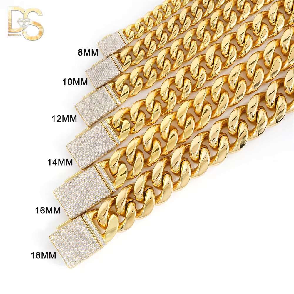 Wholesale Hip Hop Fashion 14k Gold Plated Miami Cuban Chain 6mm-18mm Bracelet and Necklace With Moissanite Clasp