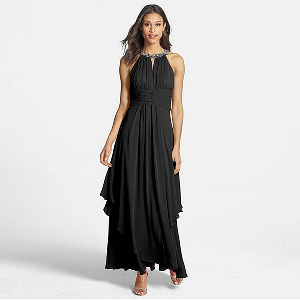 Explosive version hanging neck, nail bead, large swing, off shoulder sexy chiffon dress, long dress