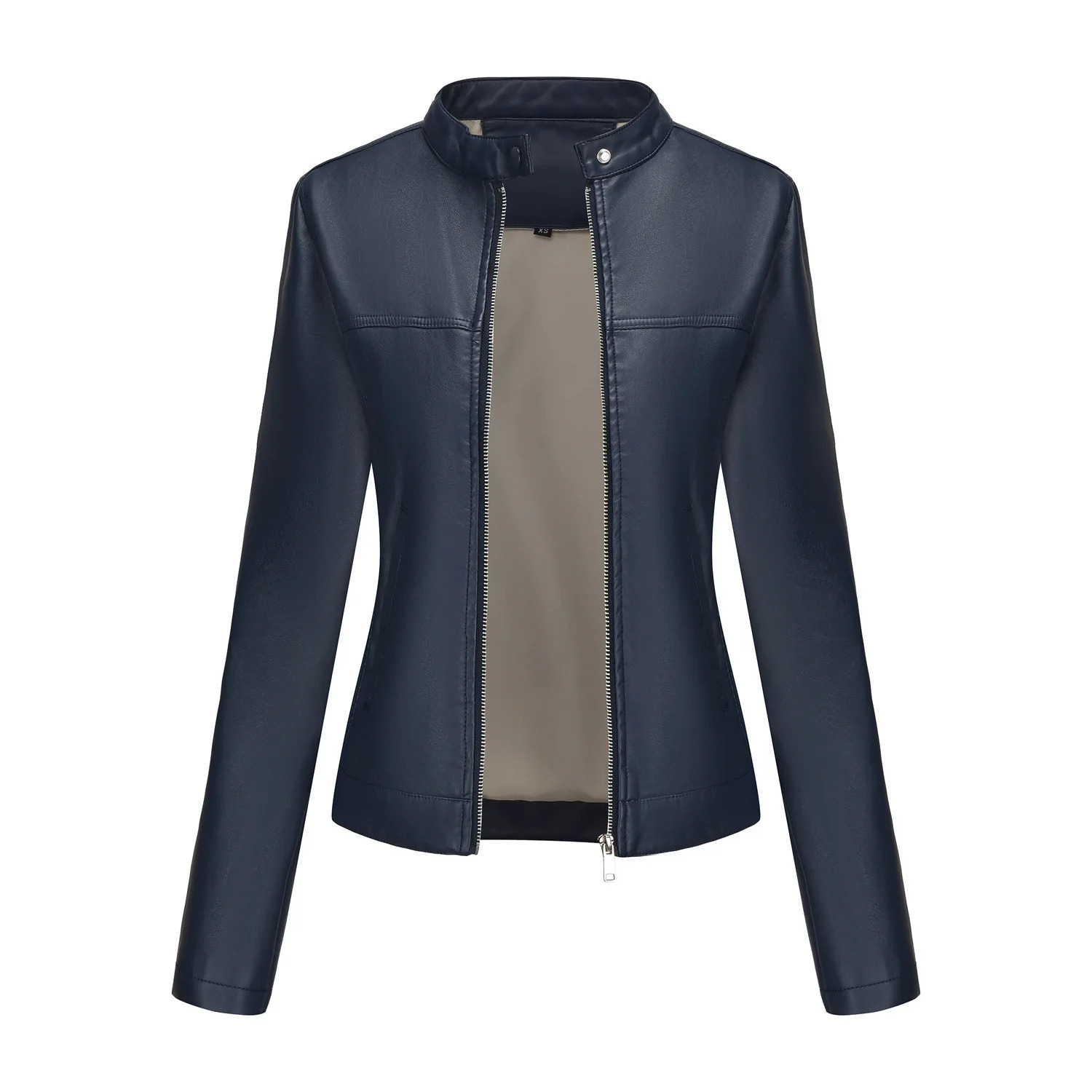 Black Womens Fitted Leather Jacket with Front Zipper Side Pockets Available in Brown Navy Blue and Beige 251103