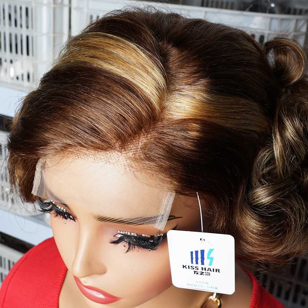 Highlight P4/27 Wavy Wigs Side Part 44 Lace Closure Wig Short Pixie Loose Wave Human Hair Wig Layered Cut Brown Blonde 8inchesT251111