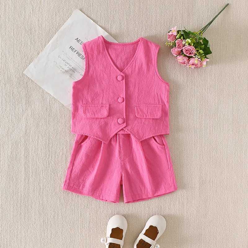 FOCUSNORM Fashion Little Girl Summer Clothes Set Solid Sleeveless Single Chest V-neck Tank Top+Elastic Waist ShortsXJ250410