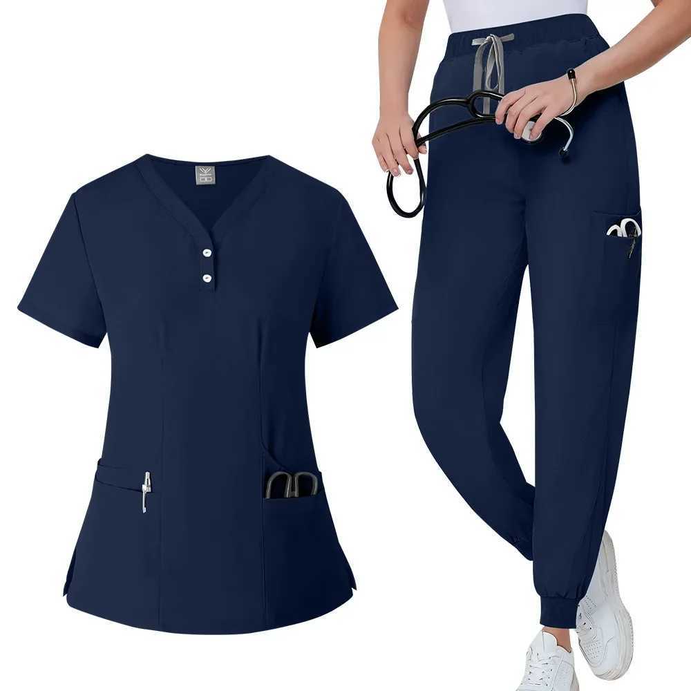 Womens medical frosted pants mid waist elastic wrinkles slim fit waist brushed pocket surgical gown X250410